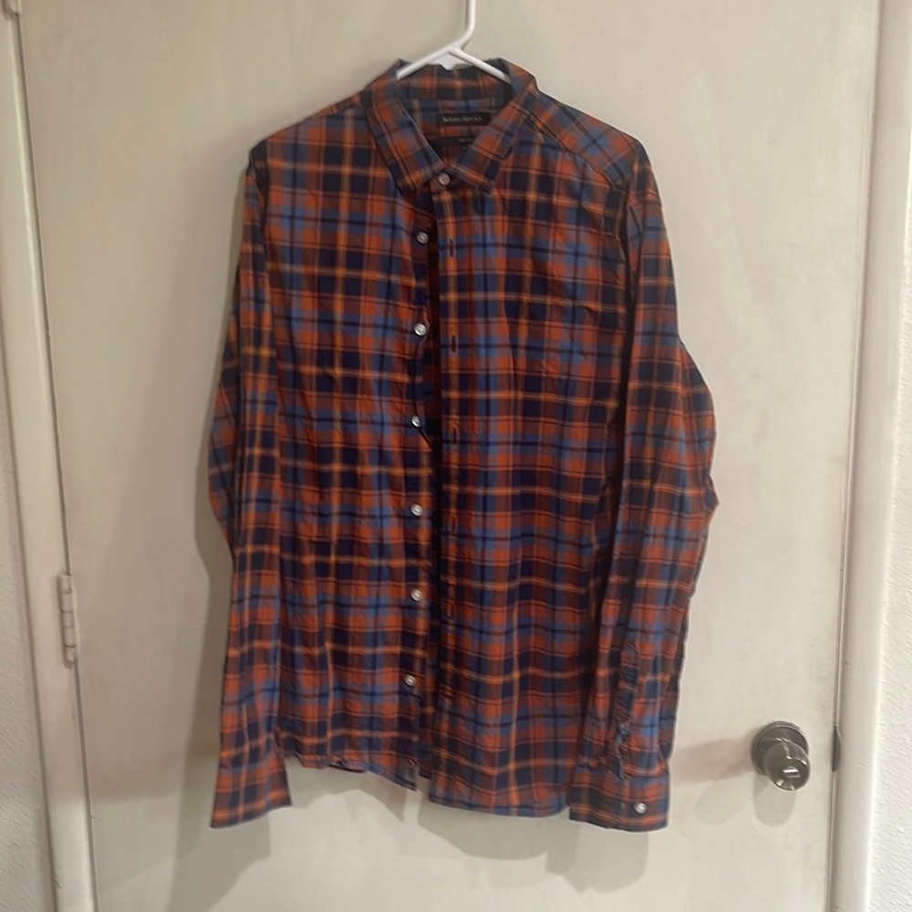 Banana republic  button shirt. Lightweight. Blue black and rust orange plaid.